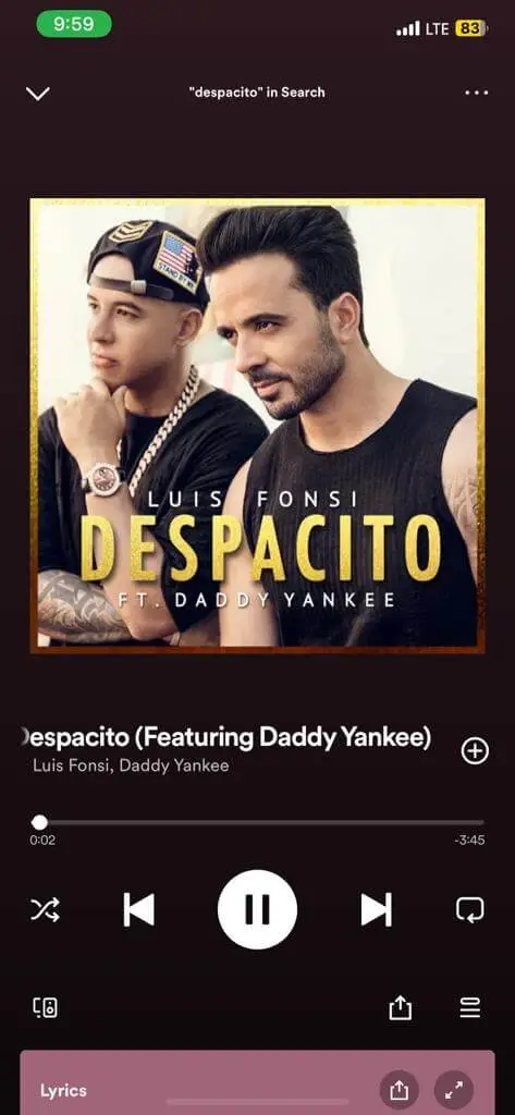 Screen shot of Despacito on playing in Spotify