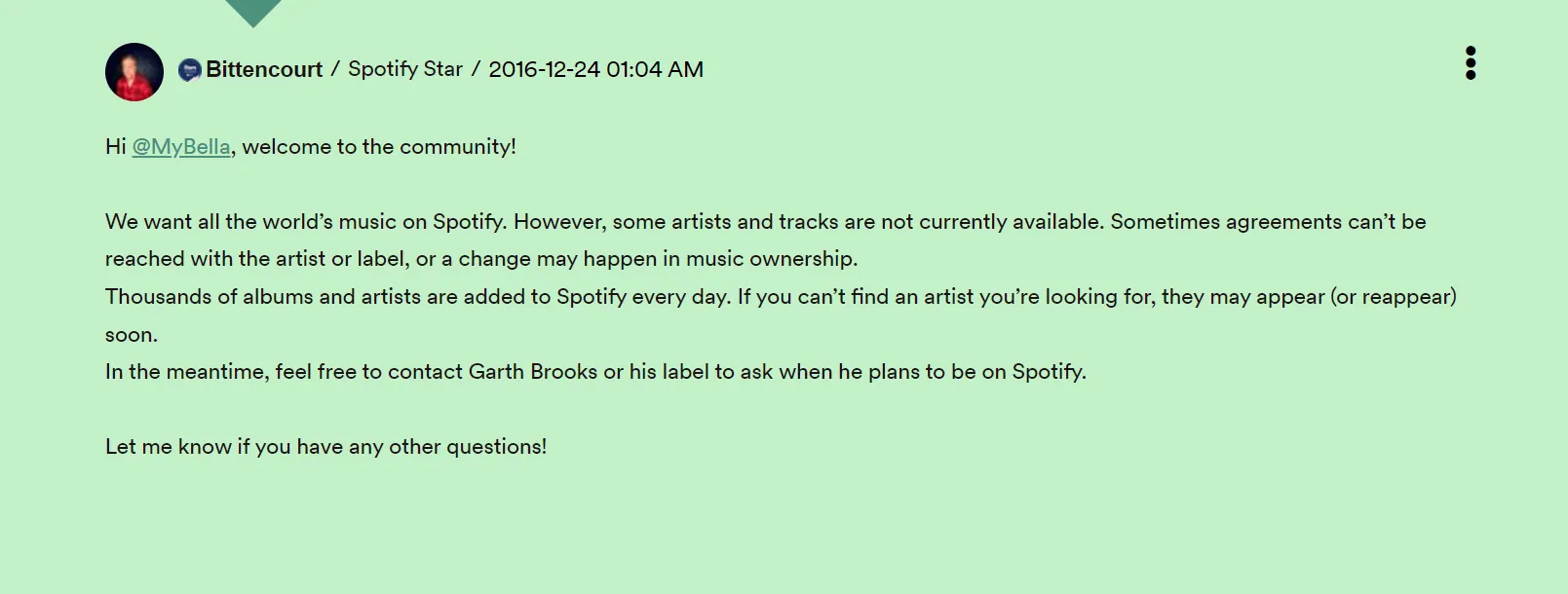 Screen shot from Spotify Community for Garth Brook Absence